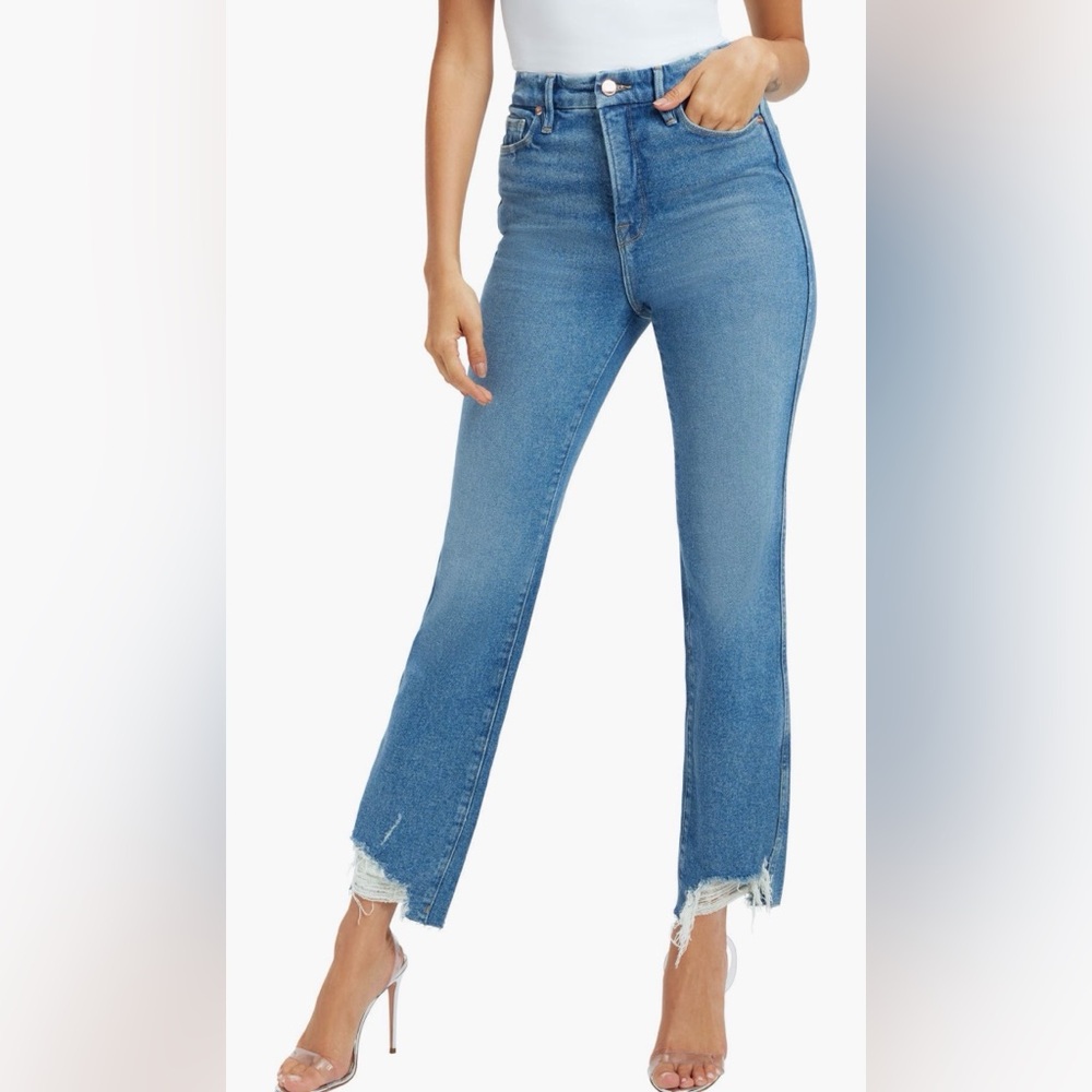 Good American Good Curve High Waist Frayed Leg Jeans Size: 4